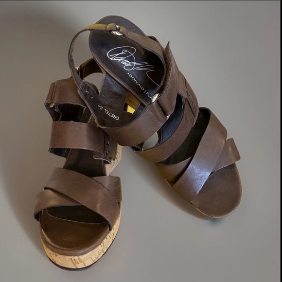 Donald J Pliner Leather Sandals Brown Sz 7 Gretal Cork Platform Wedge Boho Spain - Picture 1 of 9